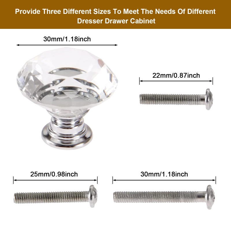 Mtsooning 2PCS Diamond Glass Knob, 30mm/1.18" Clear Crystal Pull with 3 Size Screws for Closet Cabinet Drawer Dresser Kitchen Wardrobe Handles - Image 5